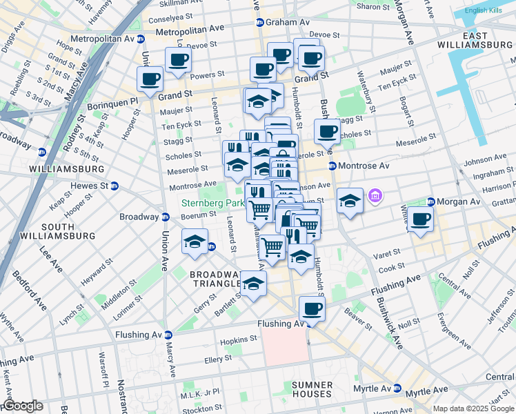 map of restaurants, bars, coffee shops, grocery stores, and more near 124 Boerum Street in Brooklyn