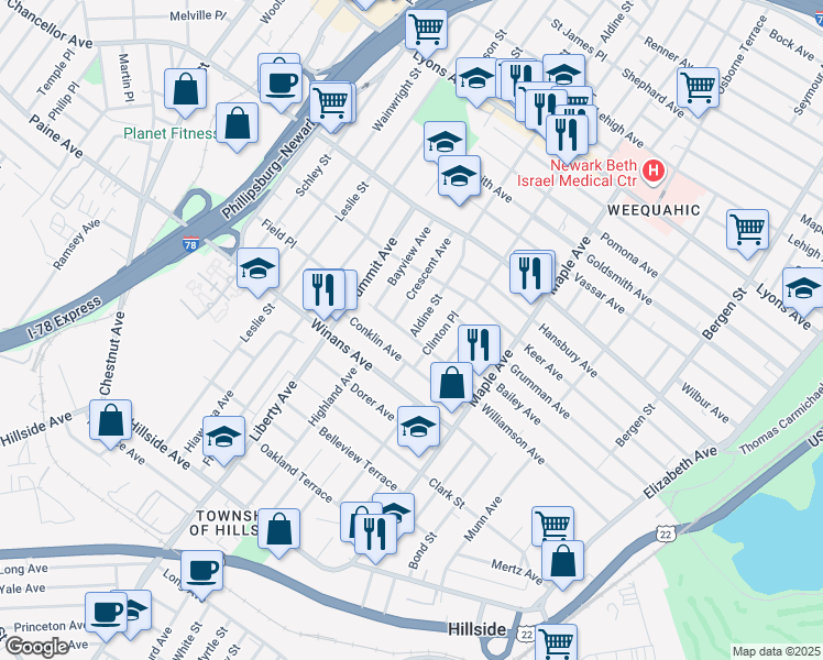 map of restaurants, bars, coffee shops, grocery stores, and more near 247 Williamson Avenue in Hillside