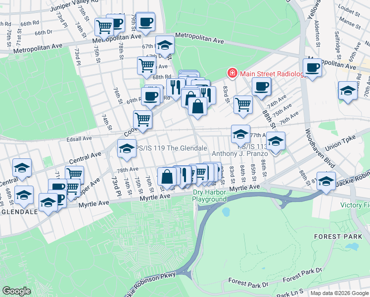map of restaurants, bars, coffee shops, grocery stores, and more near 77-49 79th Place in Queens