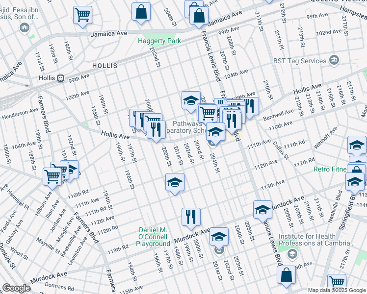 map of restaurants, bars, coffee shops, grocery stores, and more near 109-66 202nd Street in Queens