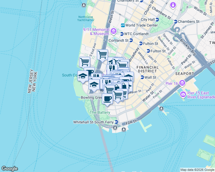map of restaurants, bars, coffee shops, grocery stores, and more near 33 Greenwich Street in New York