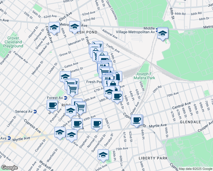 map of restaurants, bars, coffee shops, grocery stores, and more near 60-75 67th Avenue in Queens