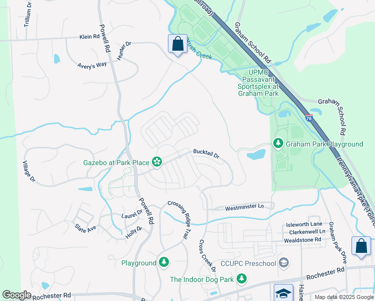 map of restaurants, bars, coffee shops, grocery stores, and more near 163 Bucktail Drive in Cranberry Township