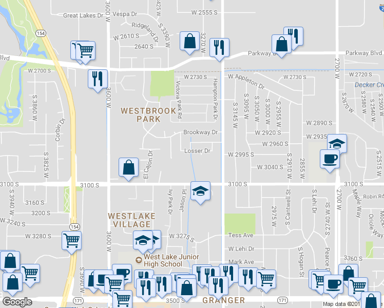 map of restaurants, bars, coffee shops, grocery stores, and more near 3311 Losser Drive in West Valley City