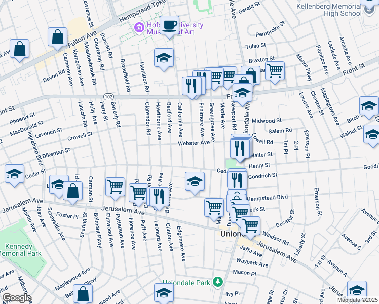 map of restaurants, bars, coffee shops, grocery stores, and more near 404 Lenox Avenue in Uniondale