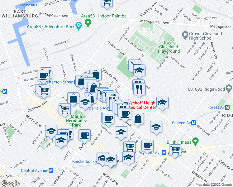 map of restaurants, bars, coffee shops, grocery stores, and more near 109 Saint Nicholas Avenue in Brooklyn