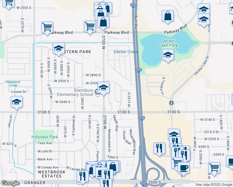 map of restaurants, bars, coffee shops, grocery stores, and more near 2987 Eucalyptus Way in West Valley City
