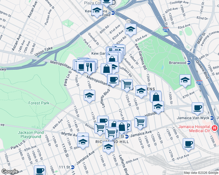 map of restaurants, bars, coffee shops, grocery stores, and more near 83-09 Lefferts Boulevard in Queens