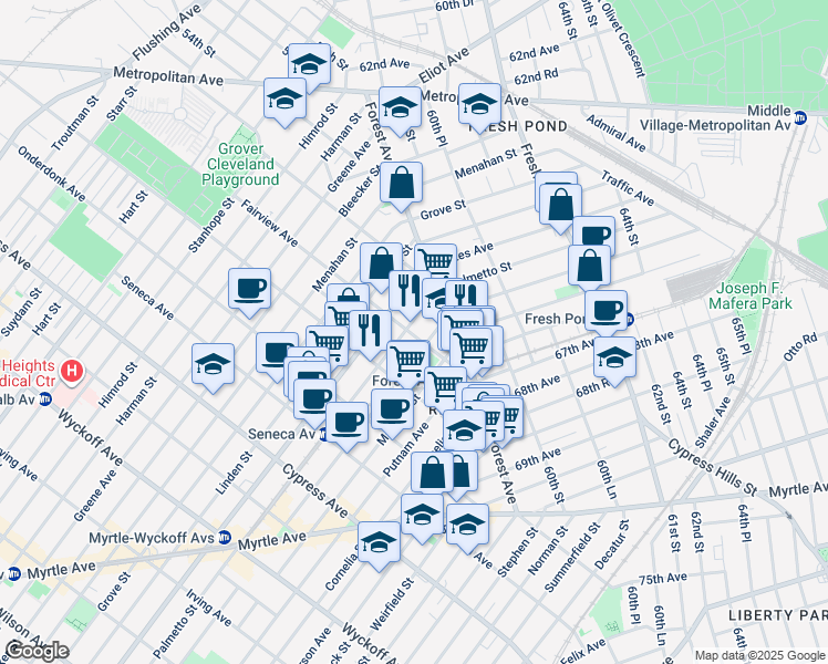 map of restaurants, bars, coffee shops, grocery stores, and more near 218 Woodbine Street in Queens