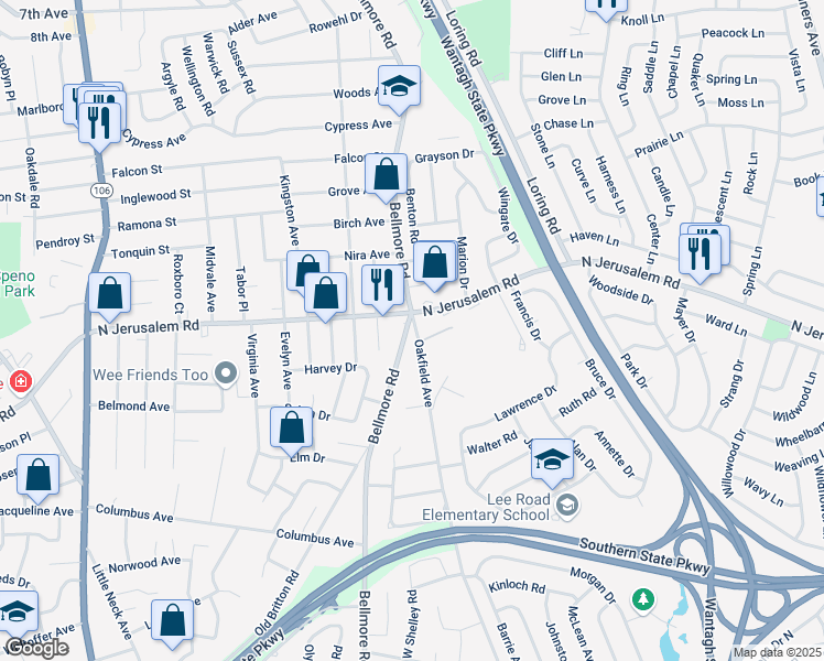 map of restaurants, bars, coffee shops, grocery stores, and more near 709 Bellmore Road in North Bellmore