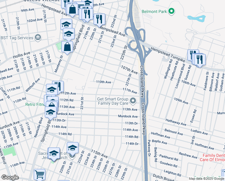 map of restaurants, bars, coffee shops, grocery stores, and more near 223-43 112th Avenue in Queens