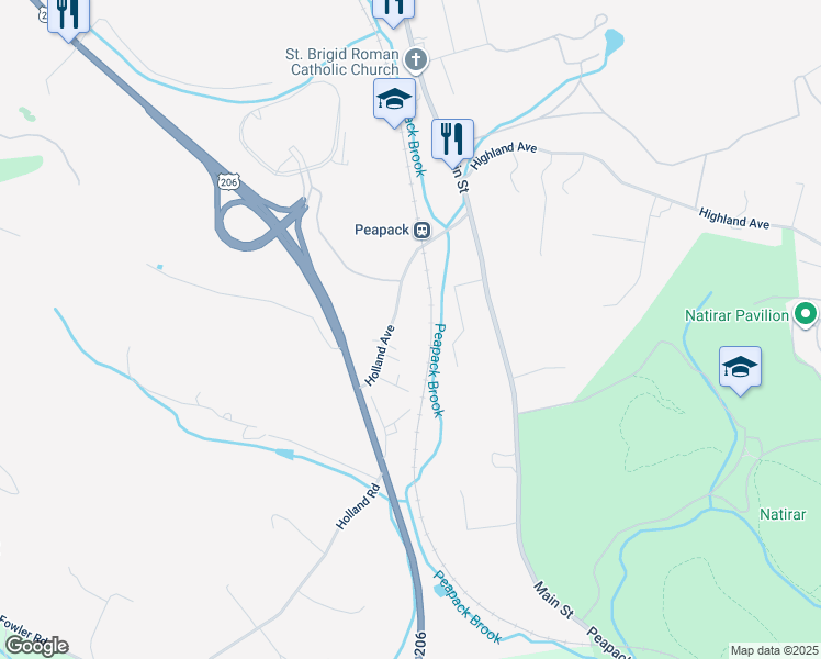 map of restaurants, bars, coffee shops, grocery stores, and more near 25 Holland Avenue in Peapack and Gladstone