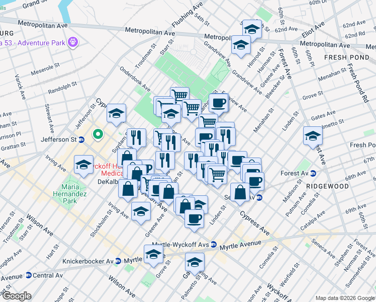 map of restaurants, bars, coffee shops, grocery stores, and more near 17-16 Himrod Street in Queens