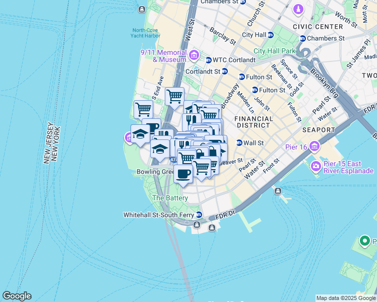 map of restaurants, bars, coffee shops, grocery stores, and more near 90 Broad Street in New York