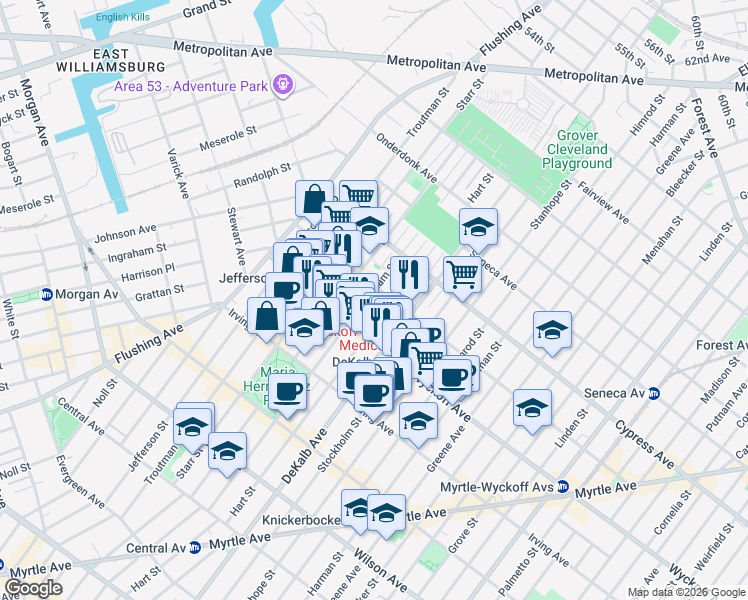 map of restaurants, bars, coffee shops, grocery stores, and more near 404 Suydam Street in Brooklyn