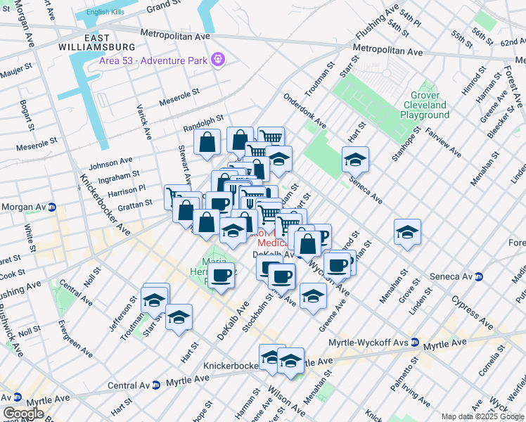 map of restaurants, bars, coffee shops, grocery stores, and more near 52 Wyckoff Avenue in Brooklyn