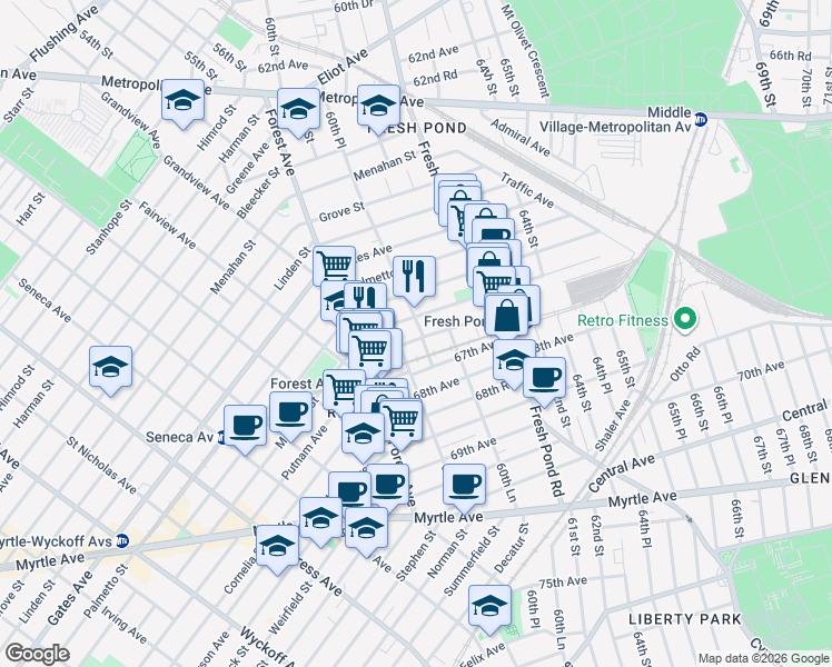 map of restaurants, bars, coffee shops, grocery stores, and more near 60-6 Putnam Avenue in Queens