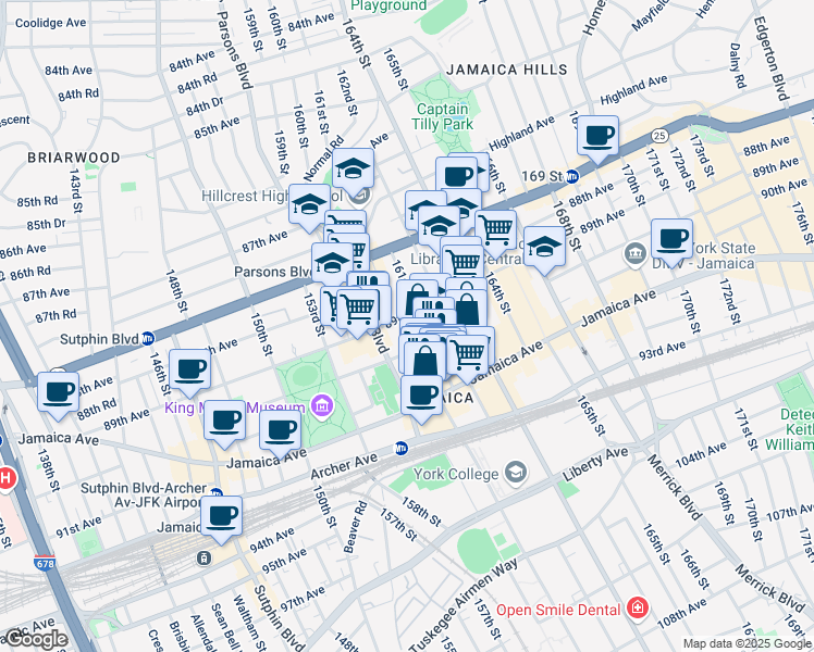 map of restaurants, bars, coffee shops, grocery stores, and more near 89-25 161st Street in Queens