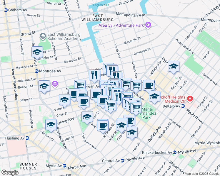 map of restaurants, bars, coffee shops, grocery stores, and more near 98 Grattan Street in Brooklyn