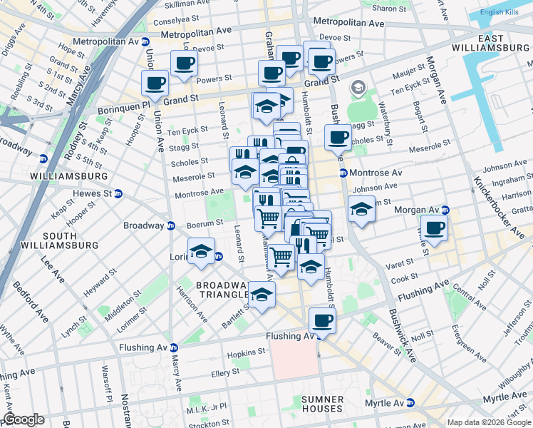 map of restaurants, bars, coffee shops, grocery stores, and more near 124 Boerum Street in Brooklyn