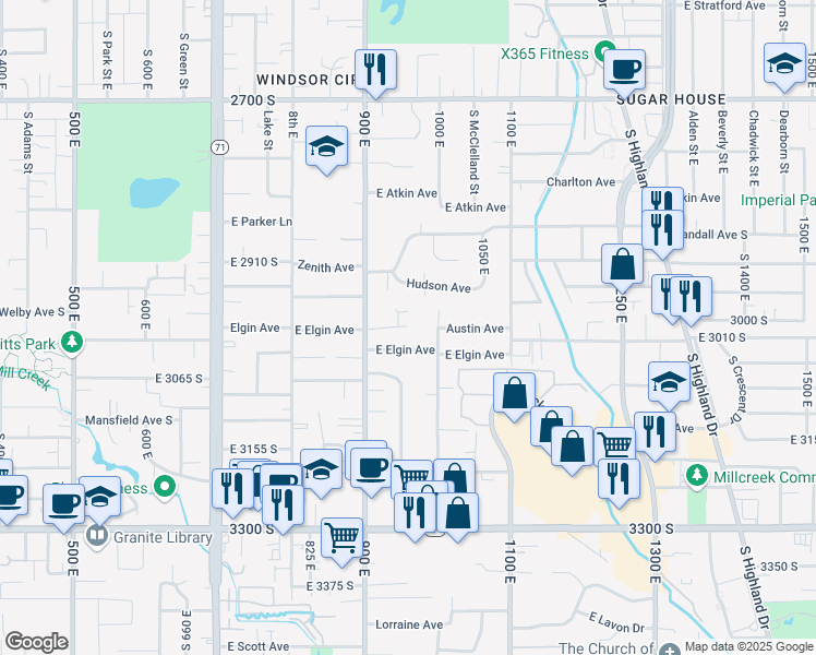 map of restaurants, bars, coffee shops, grocery stores, and more near 966 Austin Avenue in Salt Lake City