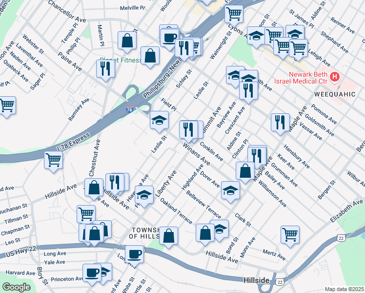 map of restaurants, bars, coffee shops, grocery stores, and more near 310 Winans Avenue in Hillside