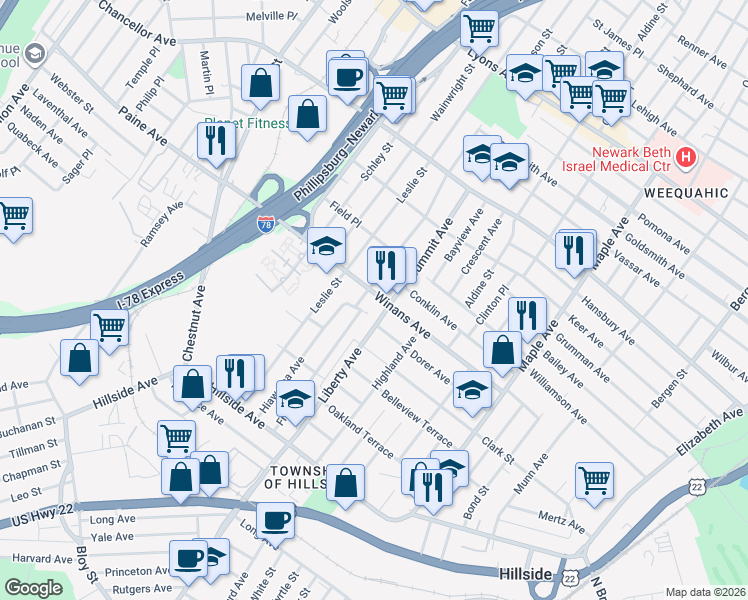 map of restaurants, bars, coffee shops, grocery stores, and more near 310 Winans Avenue in Hillside
