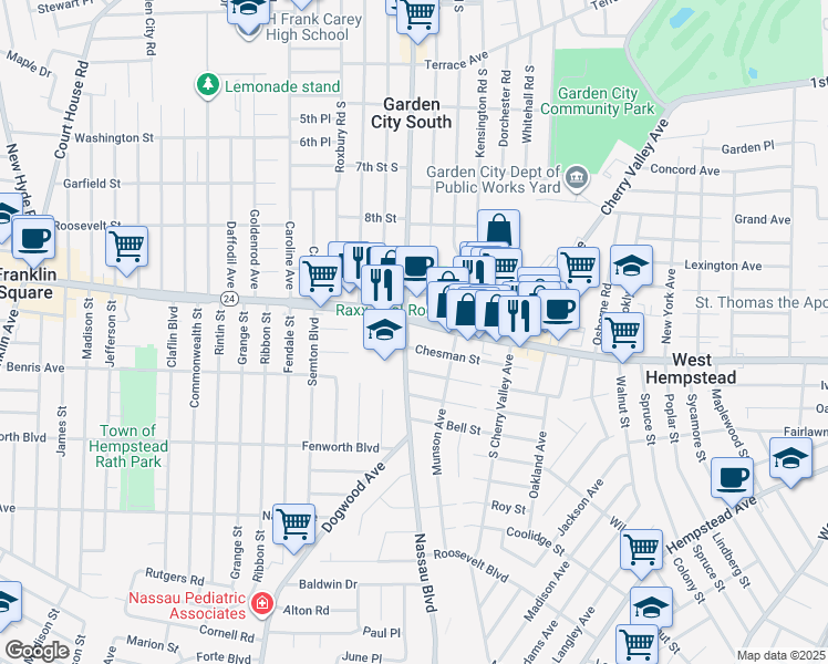 map of restaurants, bars, coffee shops, grocery stores, and more near 564 Chesman Street in West Hempstead