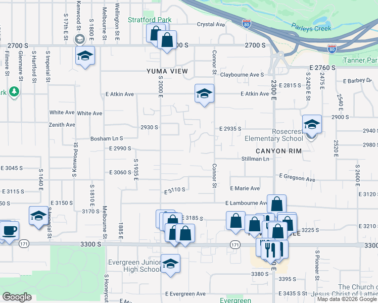 map of restaurants, bars, coffee shops, grocery stores, and more near 2098 East Connor Park Cove in Salt Lake City