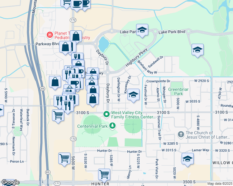 map of restaurants, bars, coffee shops, grocery stores, and more near 5327 Halton Lane South in West Valley City