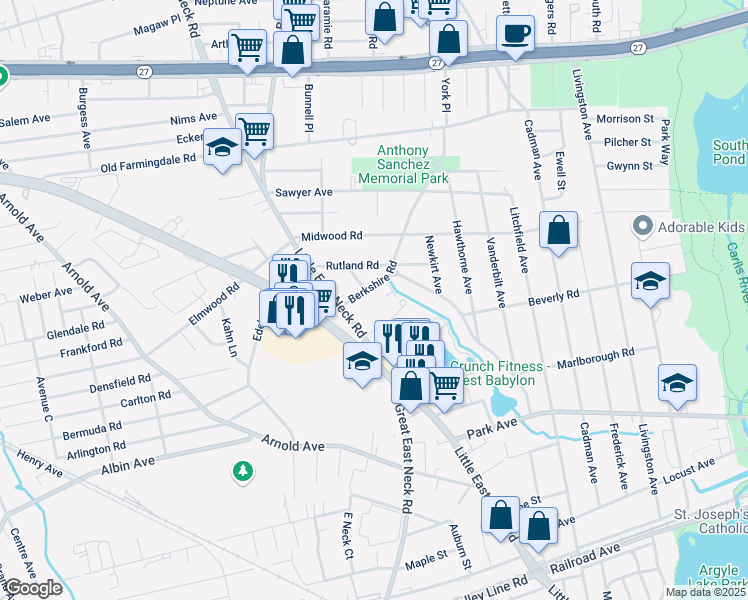 map of restaurants, bars, coffee shops, grocery stores, and more near 36 Phillips Walk in West Babylon