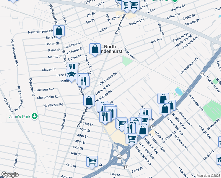 map of restaurants, bars, coffee shops, grocery stores, and more near 249 Heathcote Road in Lindenhurst