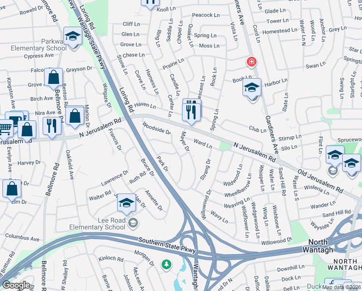 map of restaurants, bars, coffee shops, grocery stores, and more near 3083 May Road in Wantagh