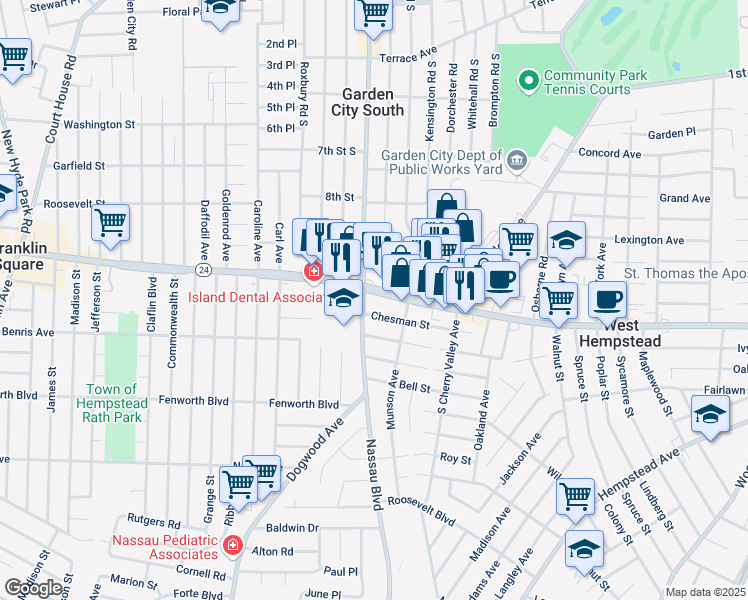 map of restaurants, bars, coffee shops, grocery stores, and more near 564 Chesman Street in West Hempstead