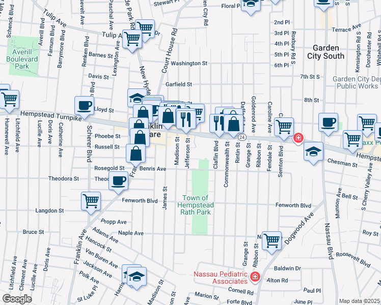 map of restaurants, bars, coffee shops, grocery stores, and more near 53 Jefferson Street in Franklin Square