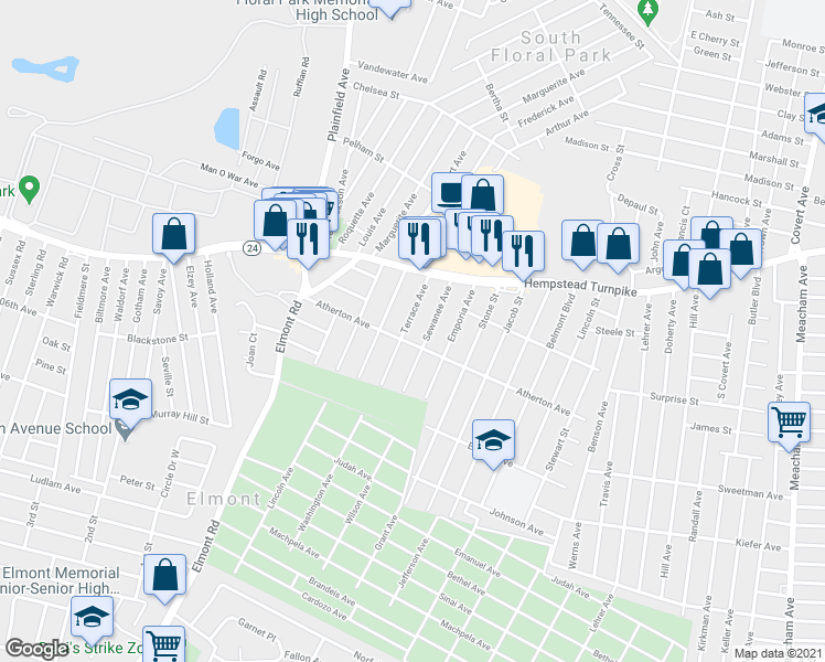 map of restaurants, bars, coffee shops, grocery stores, and more near 1723 Atherton Avenue in Elmont