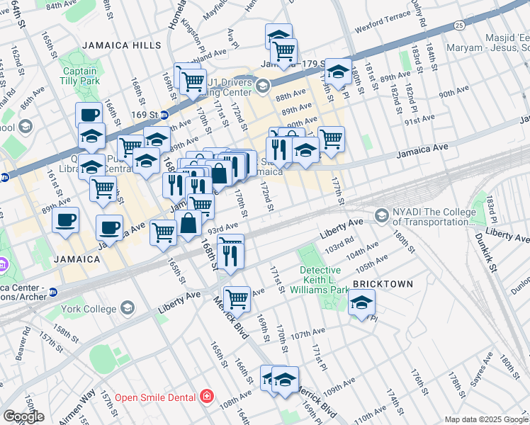 map of restaurants, bars, coffee shops, grocery stores, and more near 17020A Park Circle in Queens