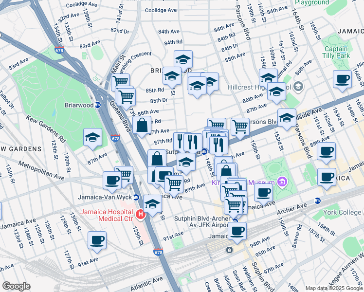 map of restaurants, bars, coffee shops, grocery stores, and more near 8758 144th Street in Queens