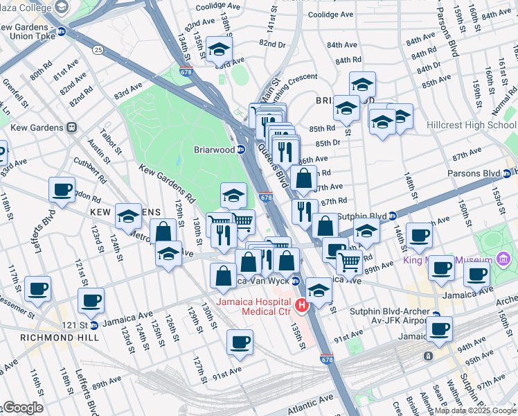 map of restaurants, bars, coffee shops, grocery stores, and more near 135-17 87th Avenue in Queens
