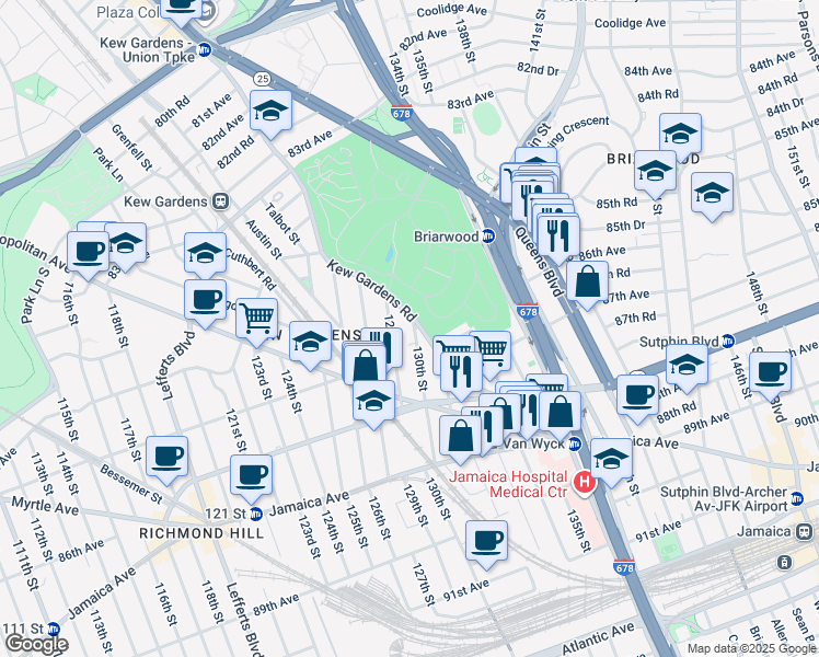 map of restaurants, bars, coffee shops, grocery stores, and more near 84-27 130th Street in Queens