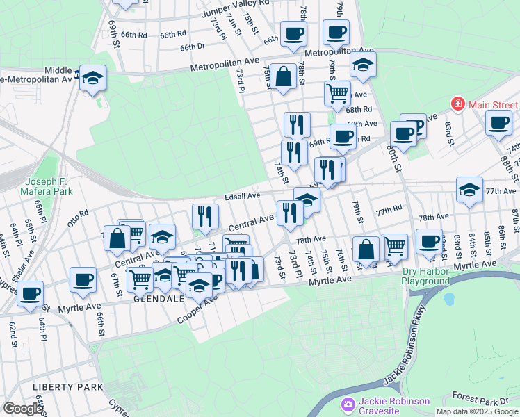 map of restaurants, bars, coffee shops, grocery stores, and more near 72-43 Central Avenue in Queens