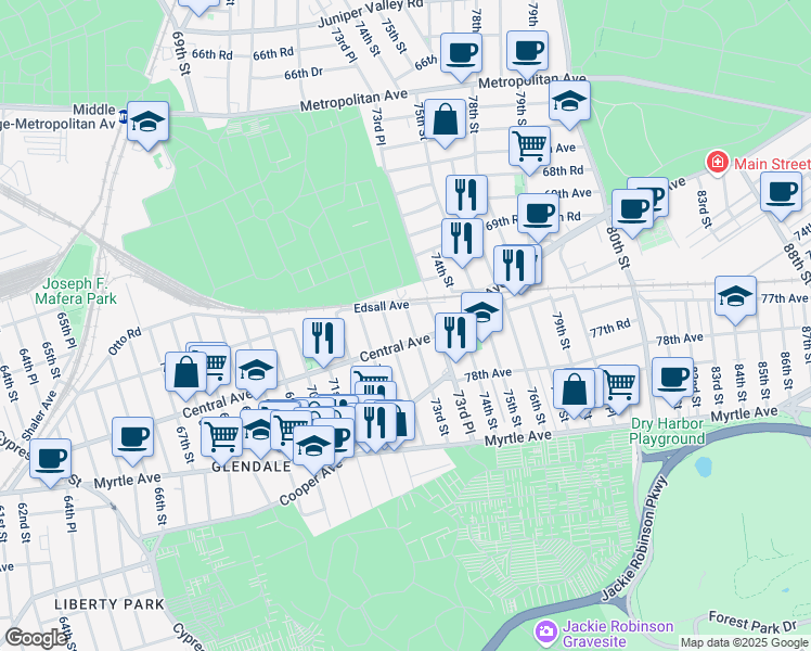 map of restaurants, bars, coffee shops, grocery stores, and more near 72-43 Central Avenue in Queens