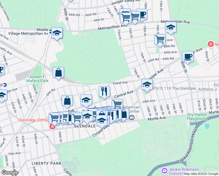 map of restaurants, bars, coffee shops, grocery stores, and more near 70-20 71st Place in Queens