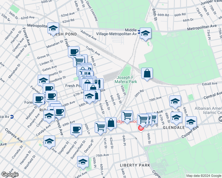 map of restaurants, bars, coffee shops, grocery stores, and more near 68-17 64th Place in Queens