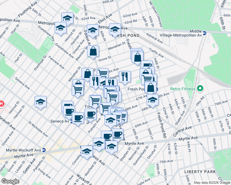 map of restaurants, bars, coffee shops, grocery stores, and more near 66-73 Forest Avenue in Queens