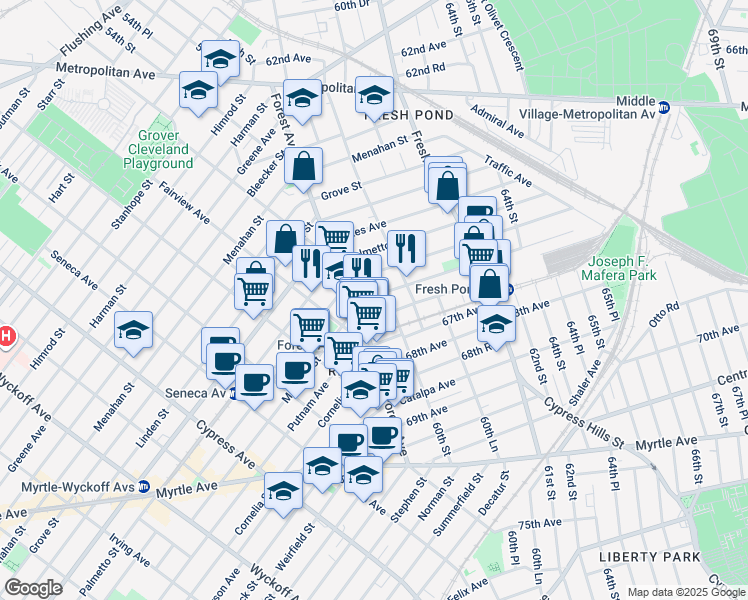 map of restaurants, bars, coffee shops, grocery stores, and more near 66-73 Forest Avenue in Queens
