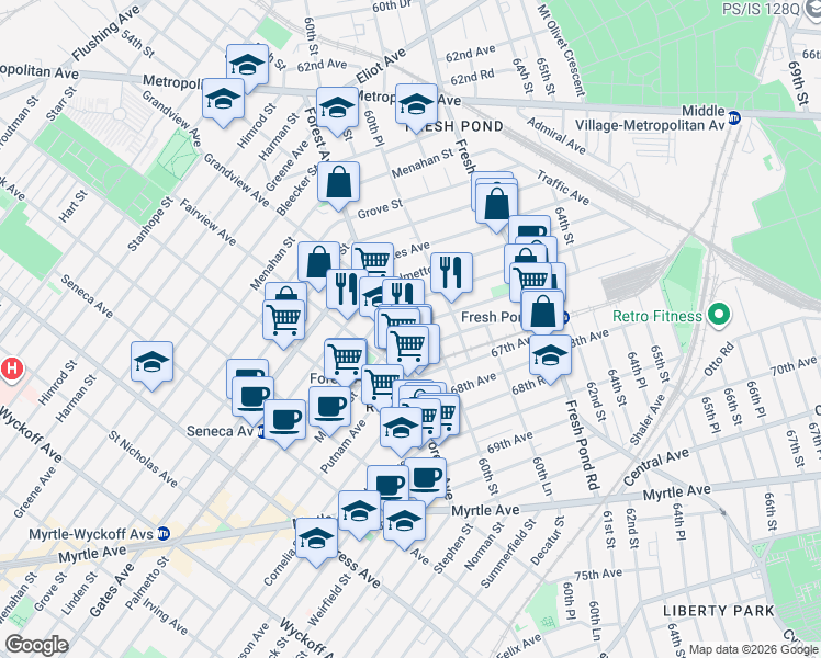 map of restaurants, bars, coffee shops, grocery stores, and more near 66-73 Forest Avenue in Queens