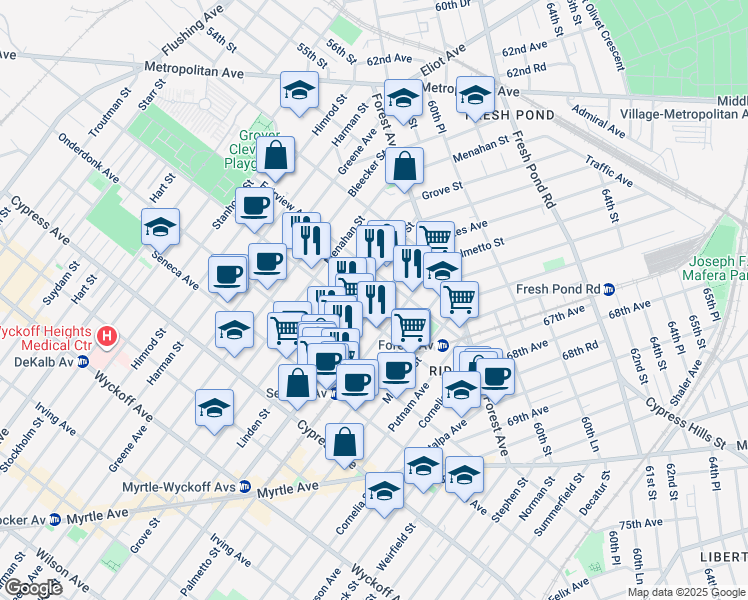 map of restaurants, bars, coffee shops, grocery stores, and more near 663 Woodward Avenue in Queens
