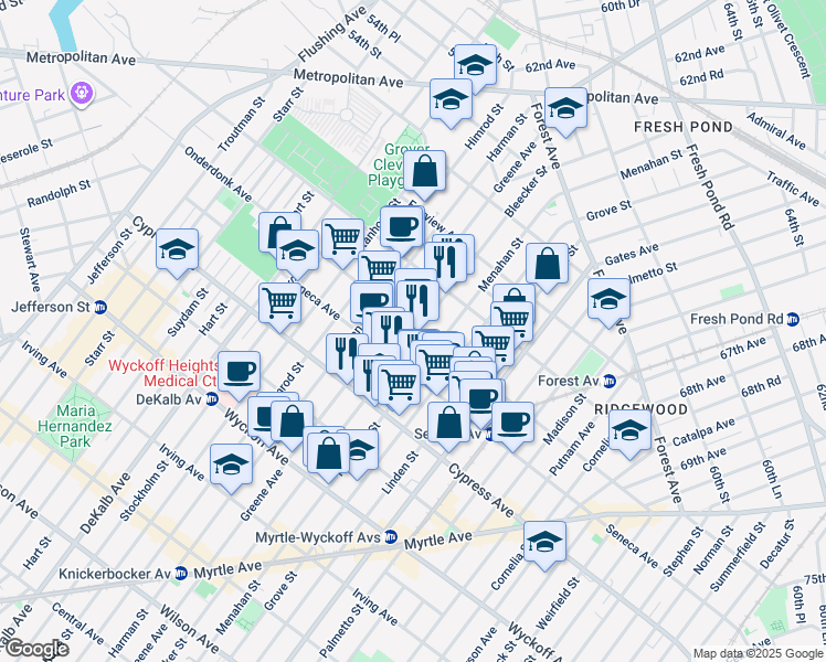 map of restaurants, bars, coffee shops, grocery stores, and more near 18-19 Bleecker Street in Queens