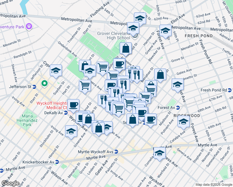 map of restaurants, bars, coffee shops, grocery stores, and more near 18-19 Bleecker Street in Queens